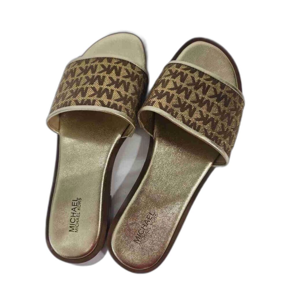 Michael Kors Signature Monogram Slide Sandals Gold Brown Size 7.5